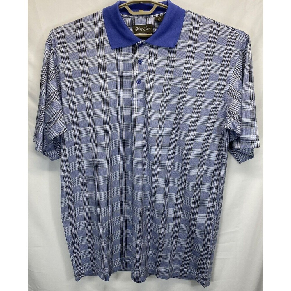 Bobby Chan Men's XL Silk/Cotton Blend Short Sleeve Polo, White/Black/Blue Plaid